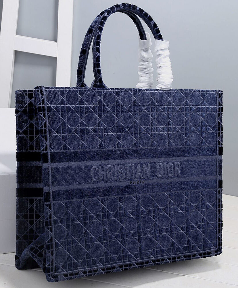 Christian Dior Cannage Embroidered Velvet Dior Book Tote Dark Blue